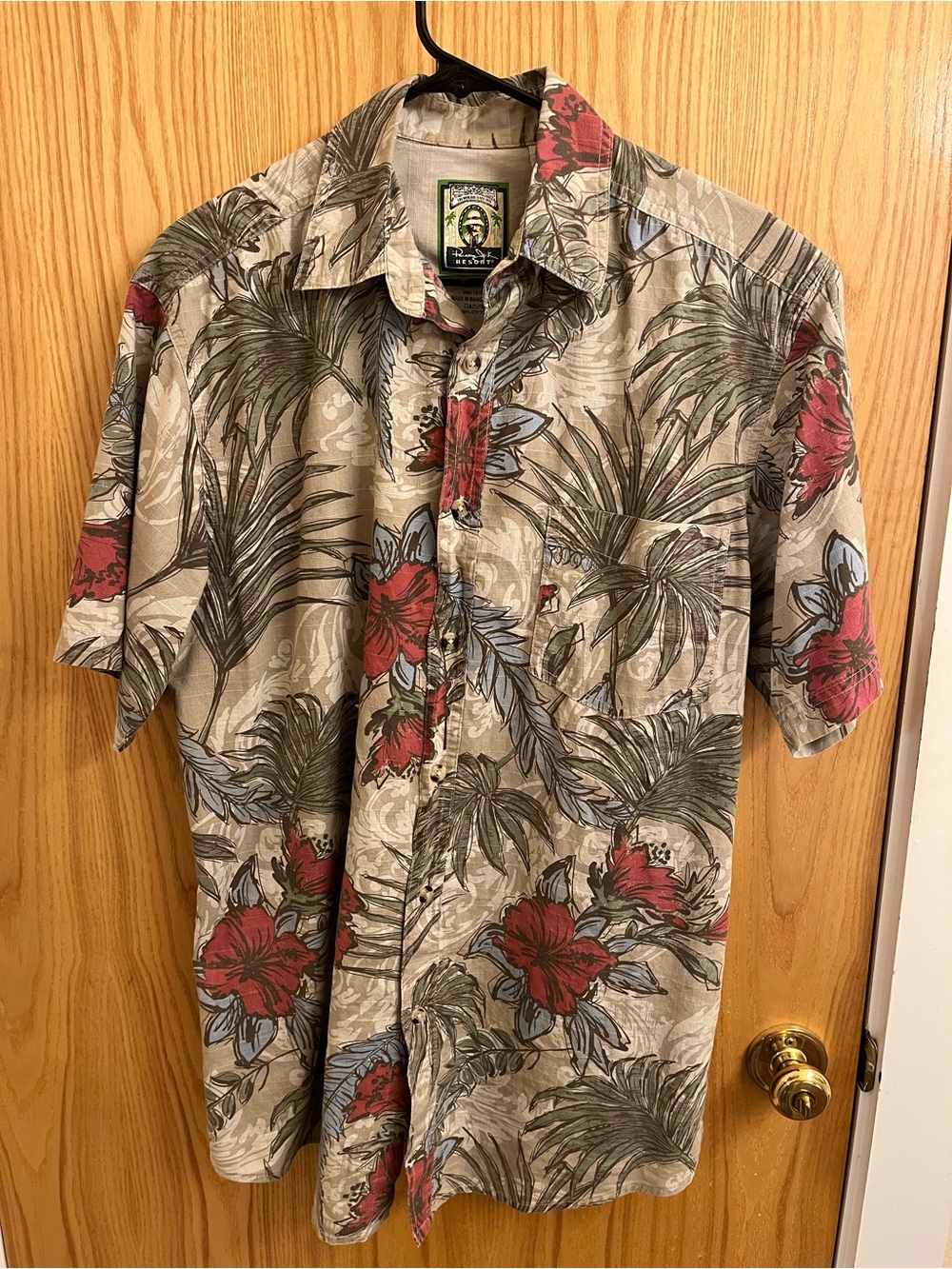 Panama Jack Tan Button-Down Shirt with Red & Green Floral Print